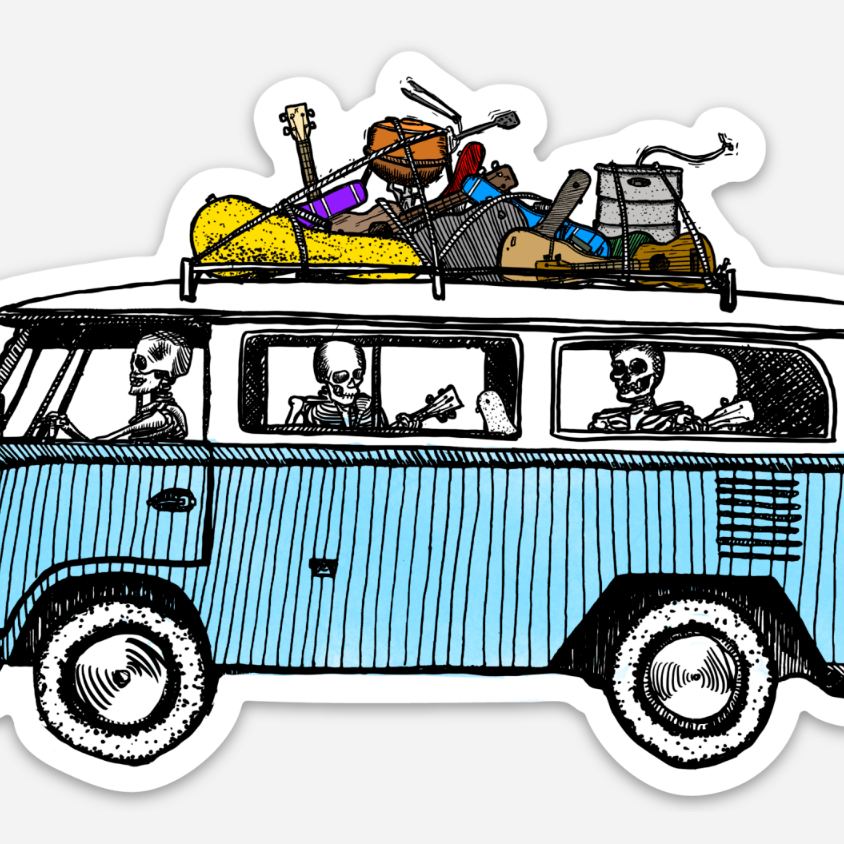 Skeletons With Ukeleles Driving In Their Bus To A BBQ