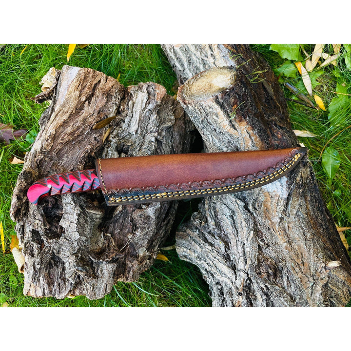 Damascus Steel Flay Knife with Carved Grips