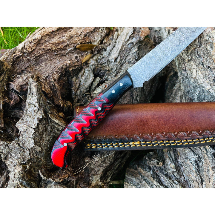 Damascus Steel Flay Knife with Carved Grips