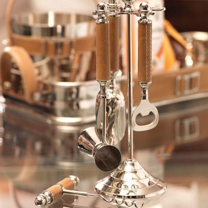 Polished Nickel and Leather Bar Tool Set
