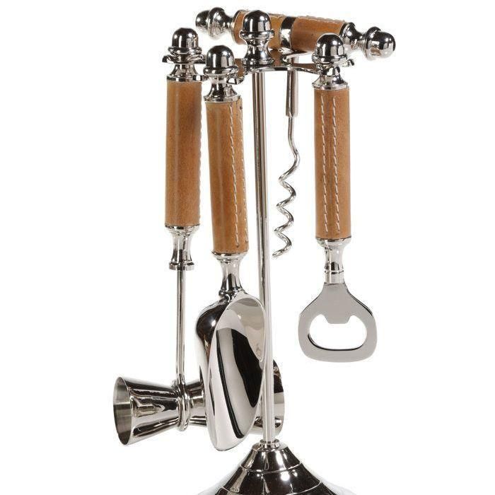 Polished Nickel and Leather Bar Tool Set