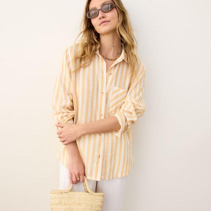 Jane Relaxed Linen Shirt | Yellow & White Stripe