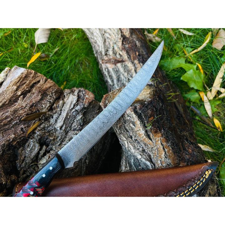 Damascus Steel Flay Knife with Carved Grips