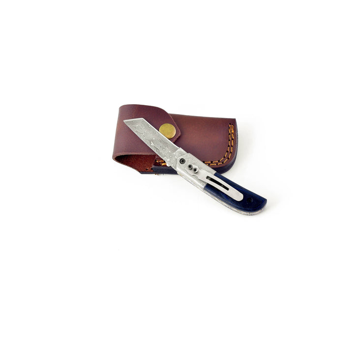 Navy Blue Damascus Utility Pocket Knife