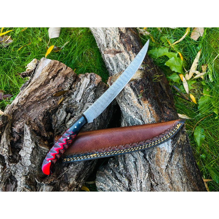Damascus Steel Flay Knife with Carved Grips