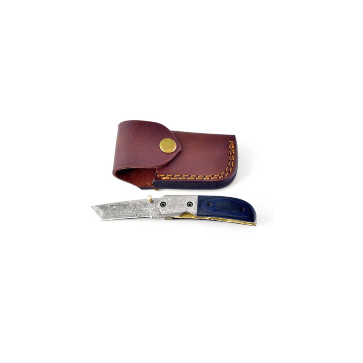 Navy Blue Damascus Utility Pocket Knife