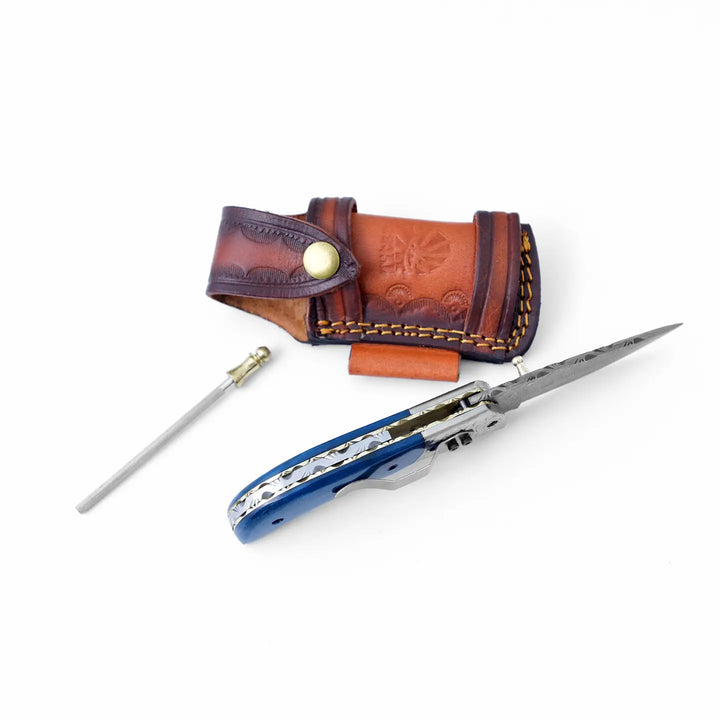 Blue Bone Dyed Damascus Steel Folding Knife