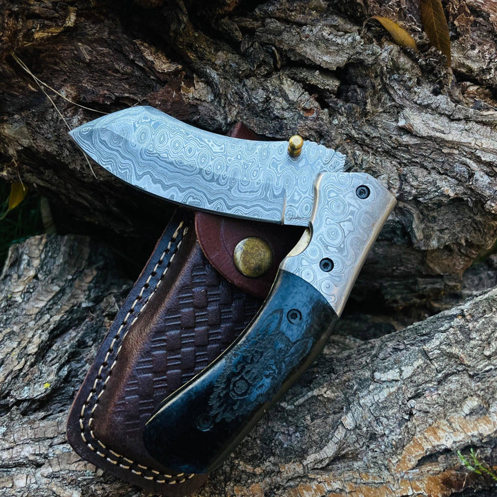 Damascus Steel Folding Knife Wolf Engraved