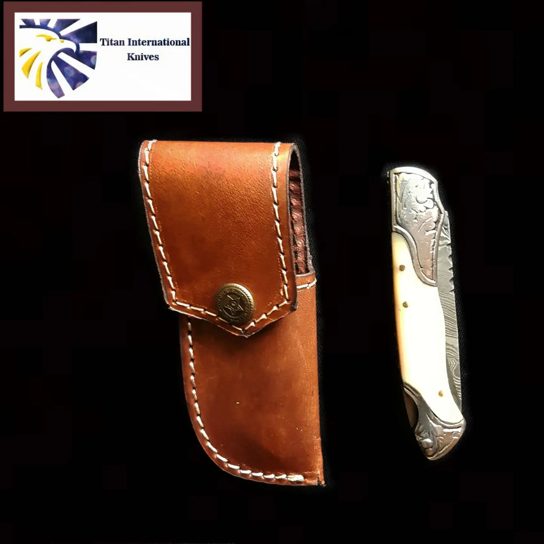 Damascus Steel Folding Knife w/ Camel Bone Handle