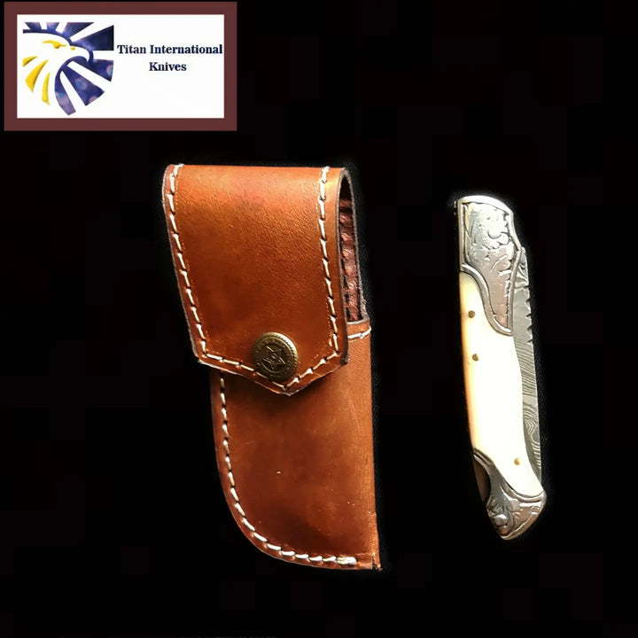 Damascus Steel Folding Knife w/ Camel Bone Handle