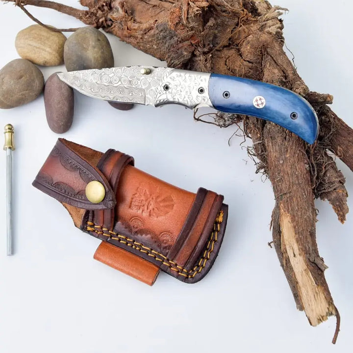 Blue Bone Dyed Damascus Steel Folding Knife