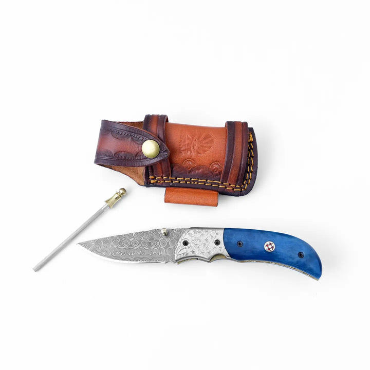 Blue Bone Dyed Damascus Steel Folding Knife