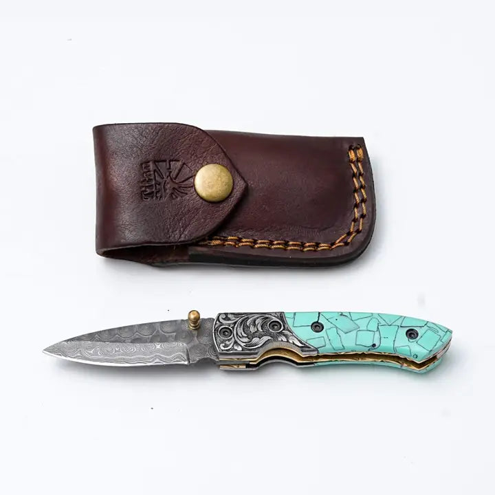 Turquoise Damascus Folding Knife – Hand Engraved Bolster Edition