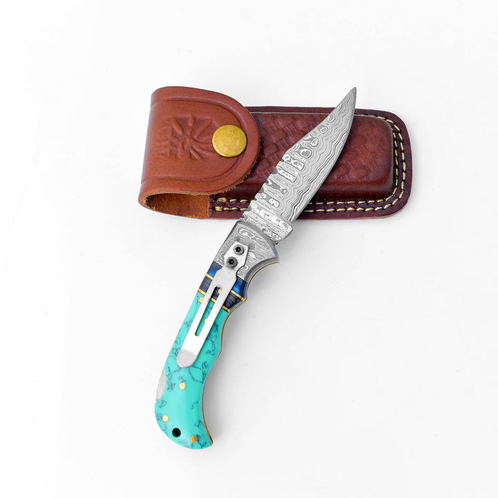 Damascus steel pocket knife Limited Run Turquoise Resin TF-059