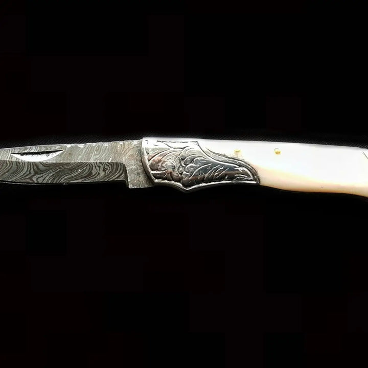 Damascus Steel Folding Knife w/ Camel Bone Handle