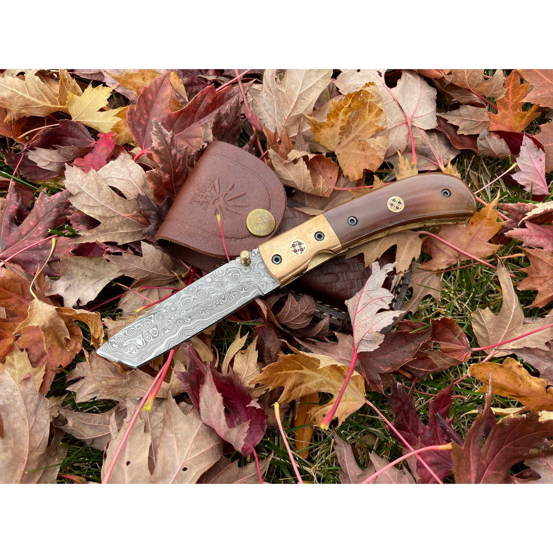 Damascus Steel Tanto Folding Knife with Dyed Bone