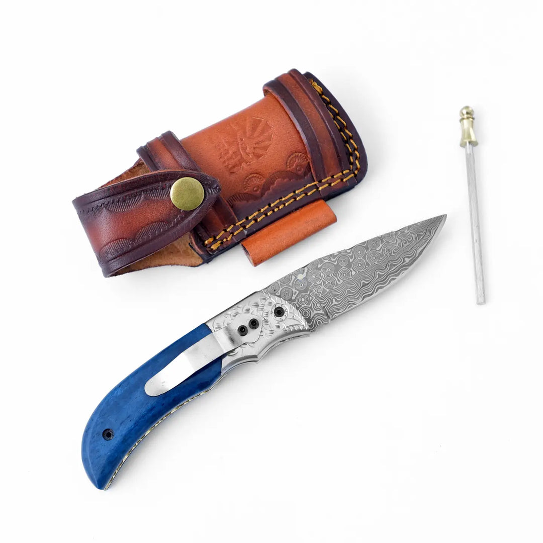 Blue Bone Dyed Damascus Steel Folding Knife