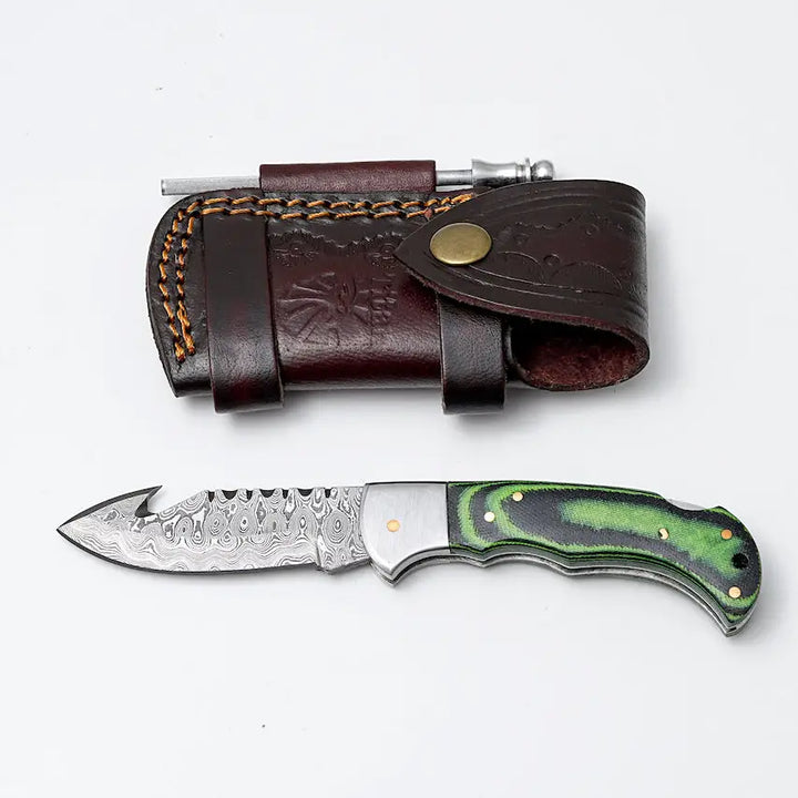 Green Micarta Folding Damascus Gut Hook Hunting Knife