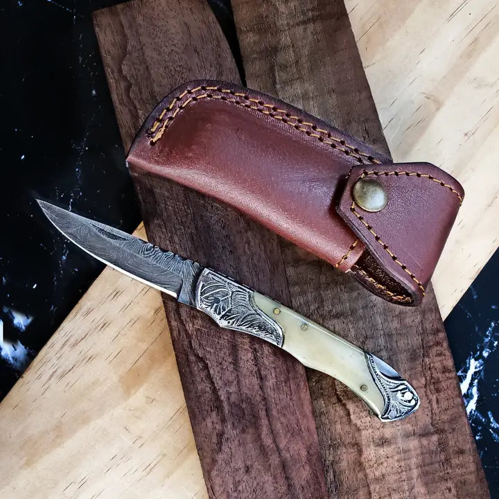 Damascus Steel Folding Knife w/ Camel Bone Handle