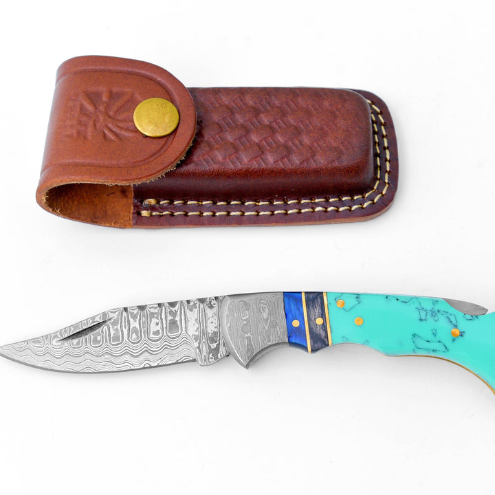 Damascus steel pocket knife Limited Run Turquoise Resin TF-059