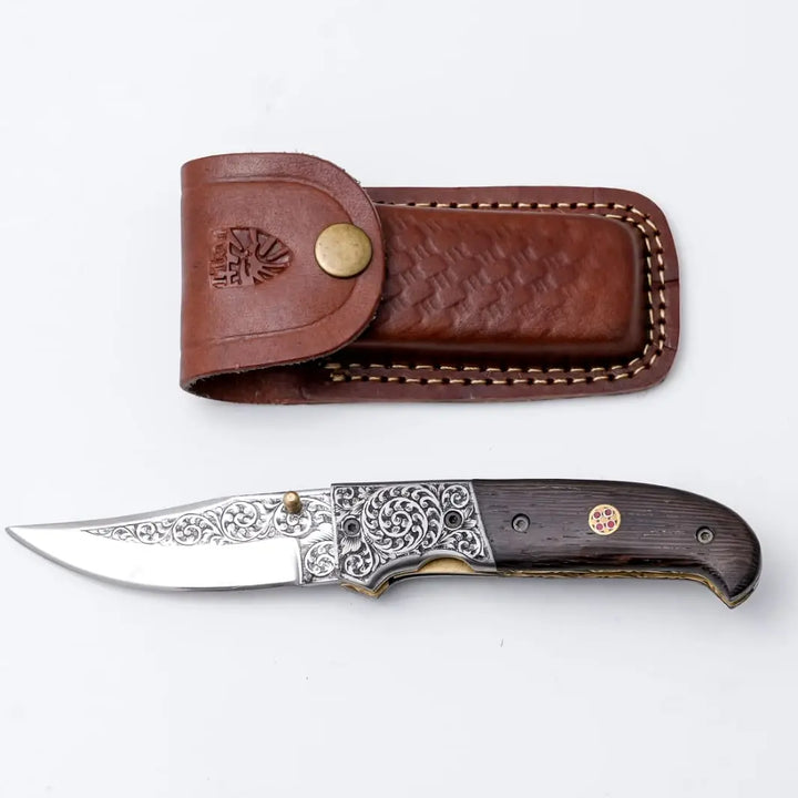 Hand-Engraved Damascus Folding Knife