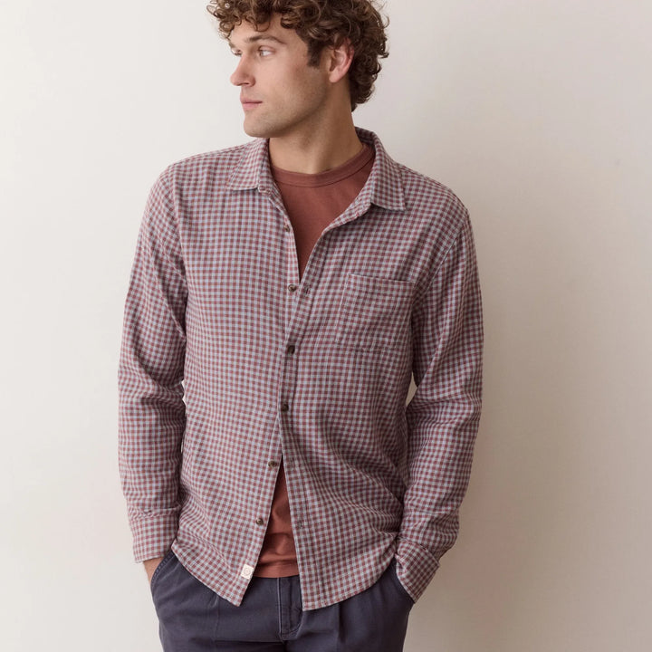 Stretch Selvage Long Sleeve Shirt | Burgundy/Blue Gingham