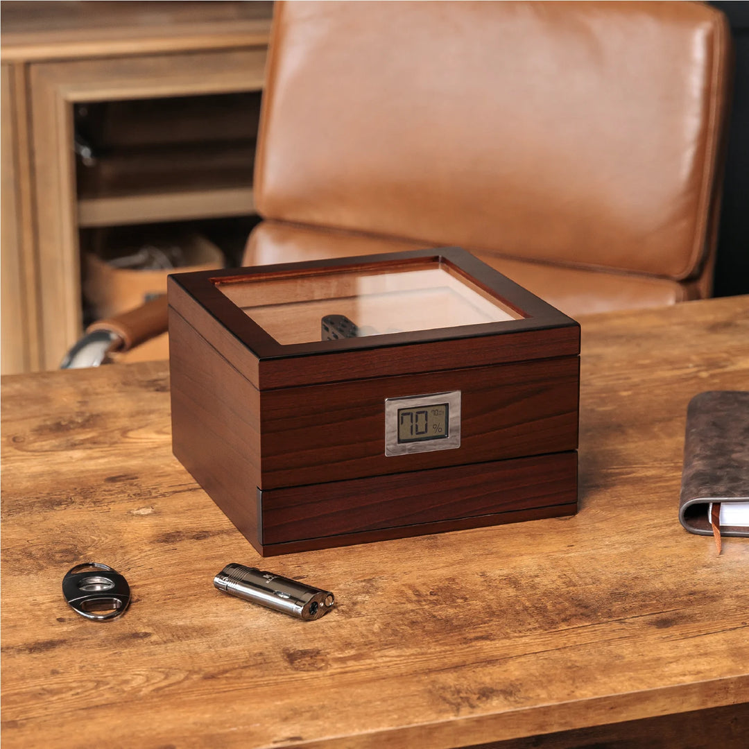 Renzo Glass Top Humidor | Dark Walnut Finish