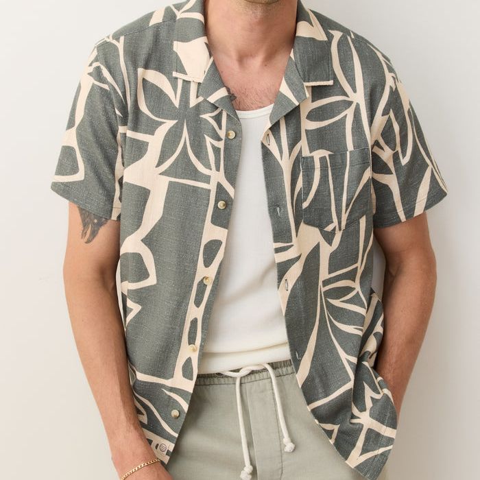 Stretch Selvage Resort Shirt | Olive Abstract Palm