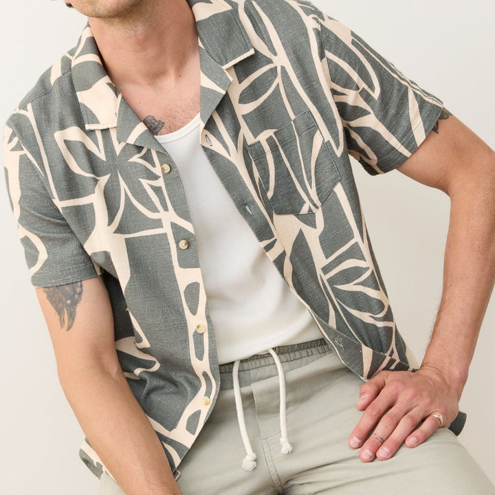 Stretch Selvage Resort Shirt | Olive Abstract Palm