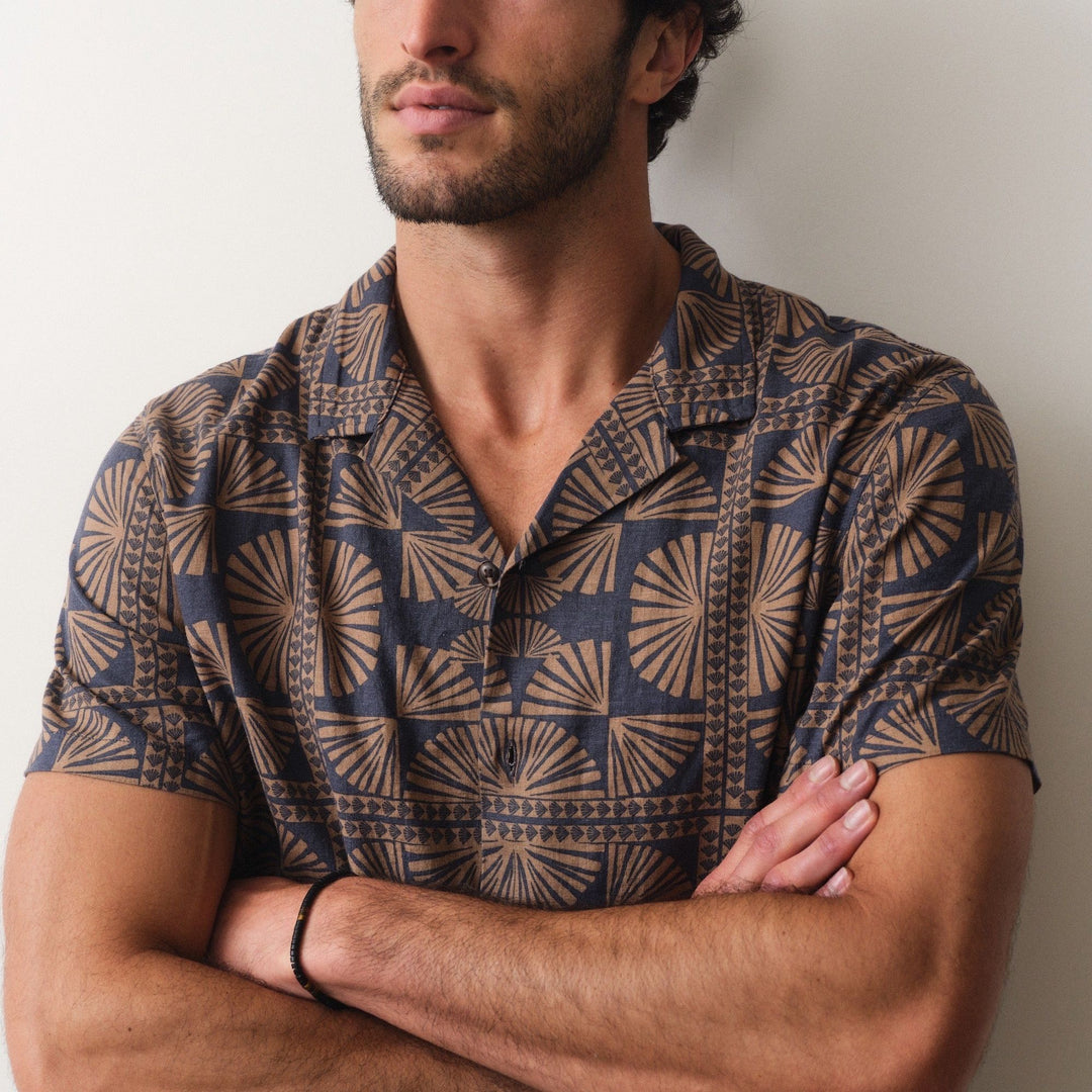Pablo Tencel Linen Resort Shirt | Brown/Navy Geo