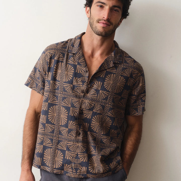 Pablo Tencel Linen Resort Shirt | Brown/Navy Geo