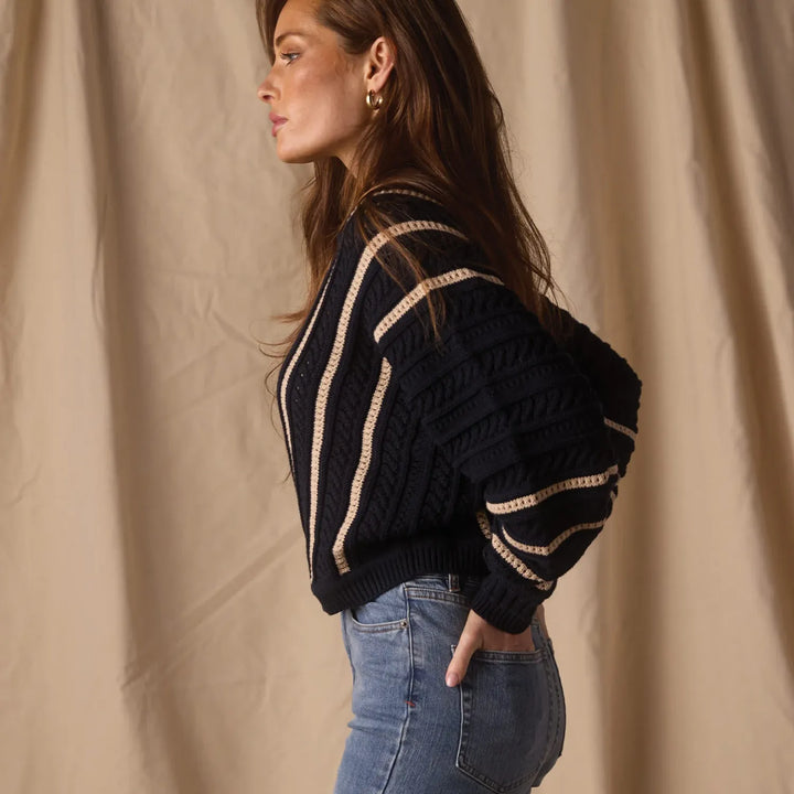 Apres Chevron Sweater | Navy Birch Stripe