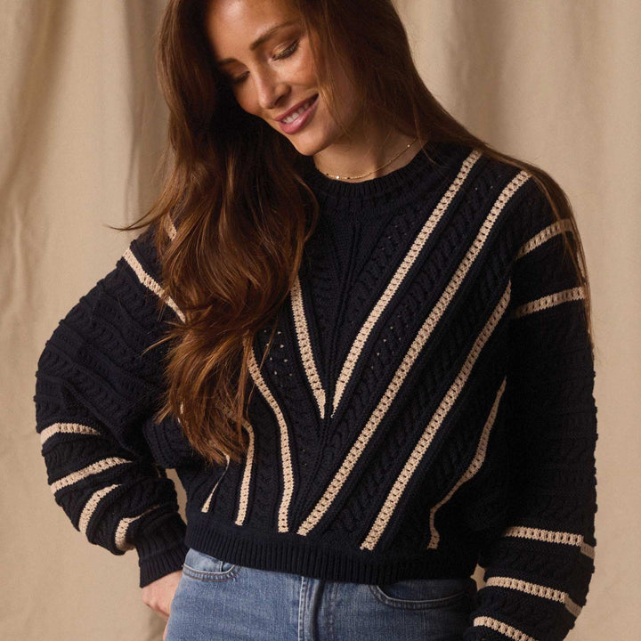 Apres Chevron Sweater | Navy Birch Stripe