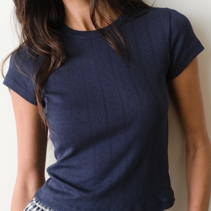 Lexi Pointelle Crew Tee | Navy