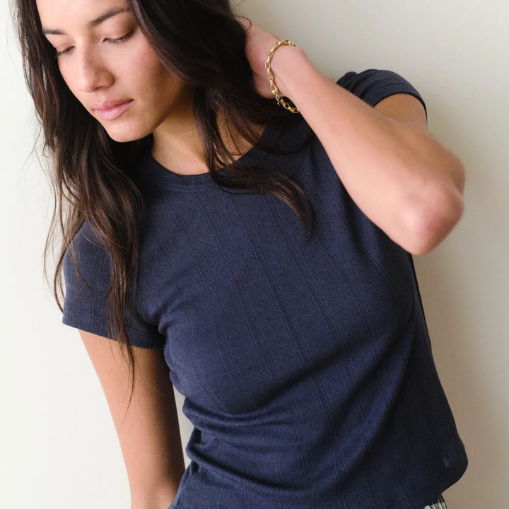 Lexi Pointelle Crew Tee | Navy
