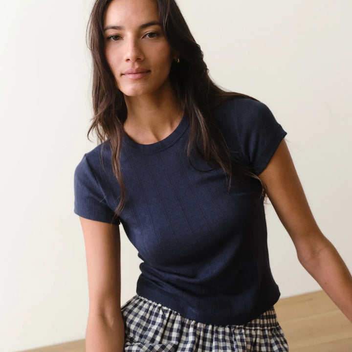 Lexi Pointelle Crew Tee | Navy