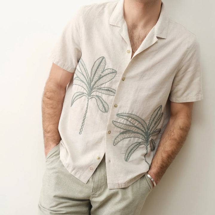 Embroidered Resort Shirt | Cream/Green Palm