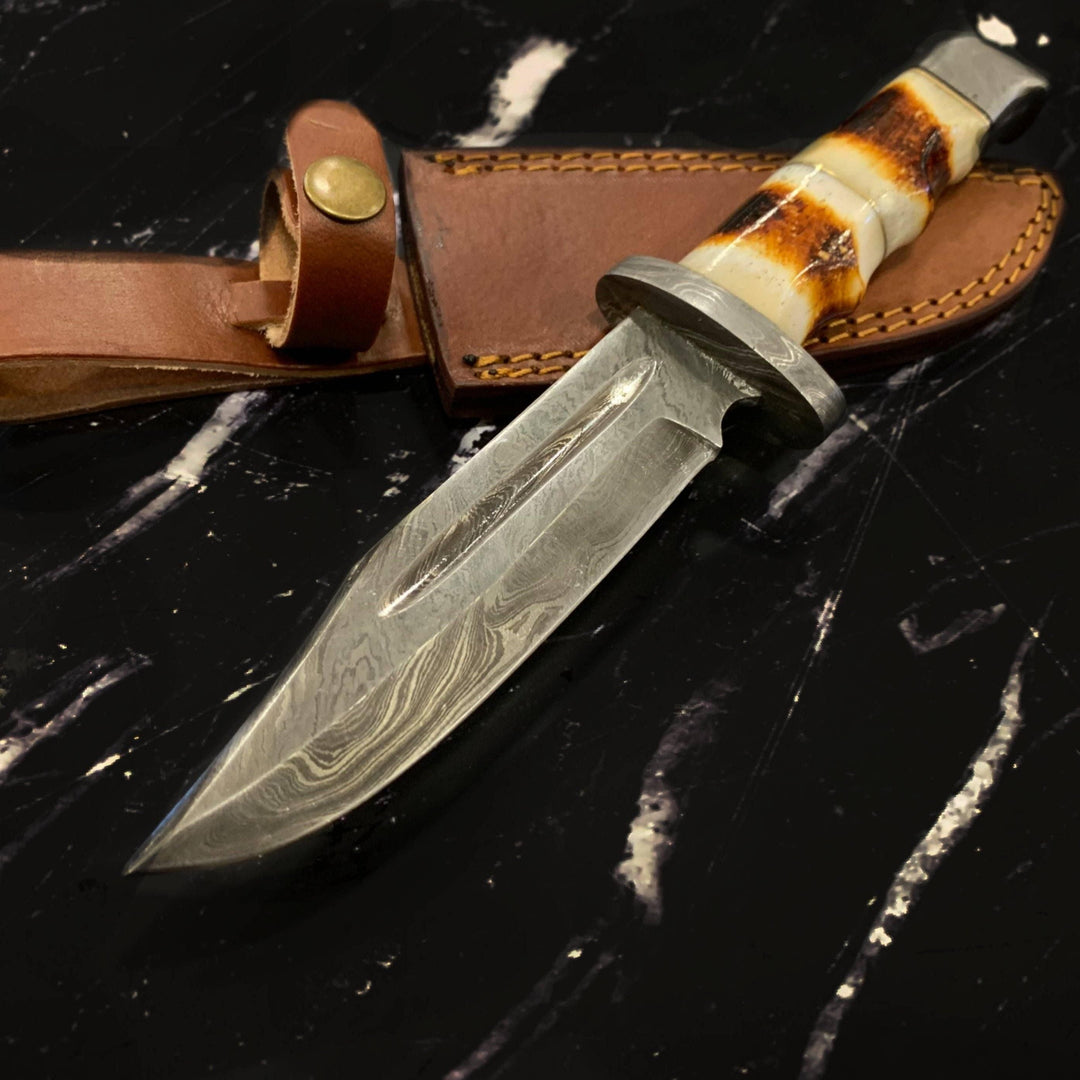 Damascus Hunting Knife Burnt Bone