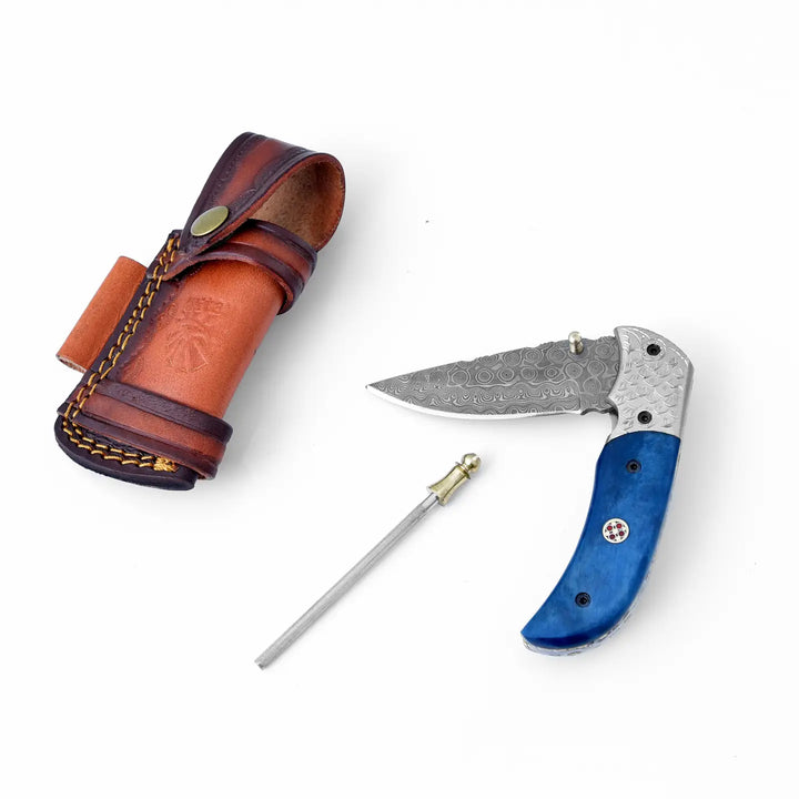 Blue Bone Dyed Damascus Steel Folding Knife