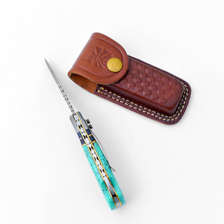 Damascus steel pocket knife Limited Run Turquoise Resin TF-059