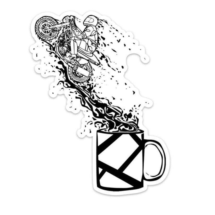 Motorcycle Rider Jumping From A Full Coffee Cup Vinyl Sticker