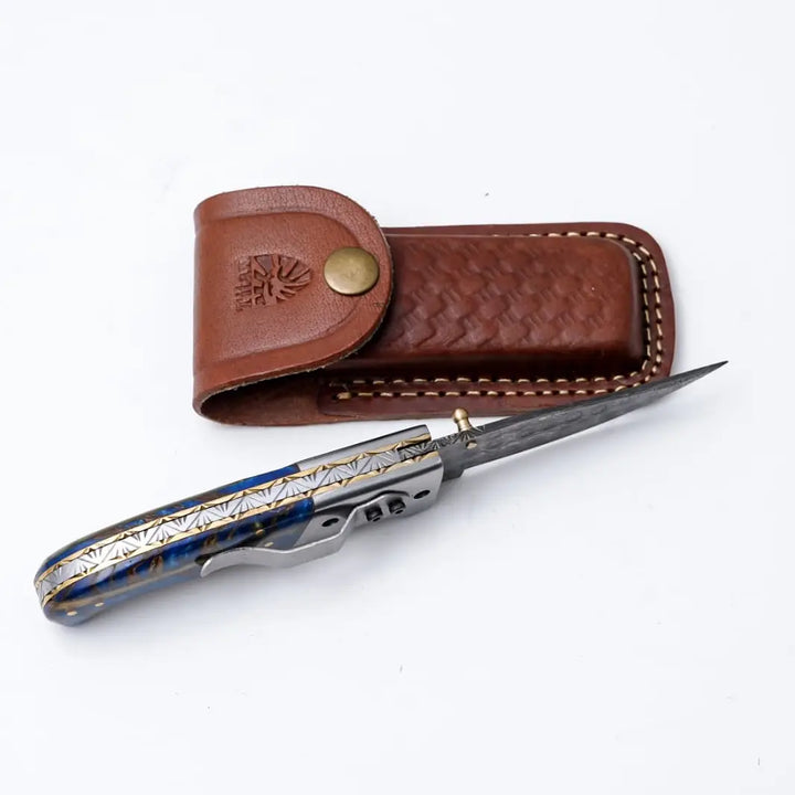 Hand-Engraved Damascus Folding Knife