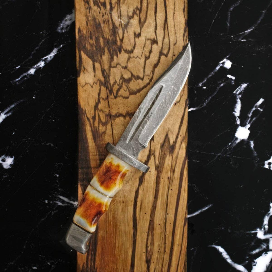 Damascus Hunting Knife Burnt Bone