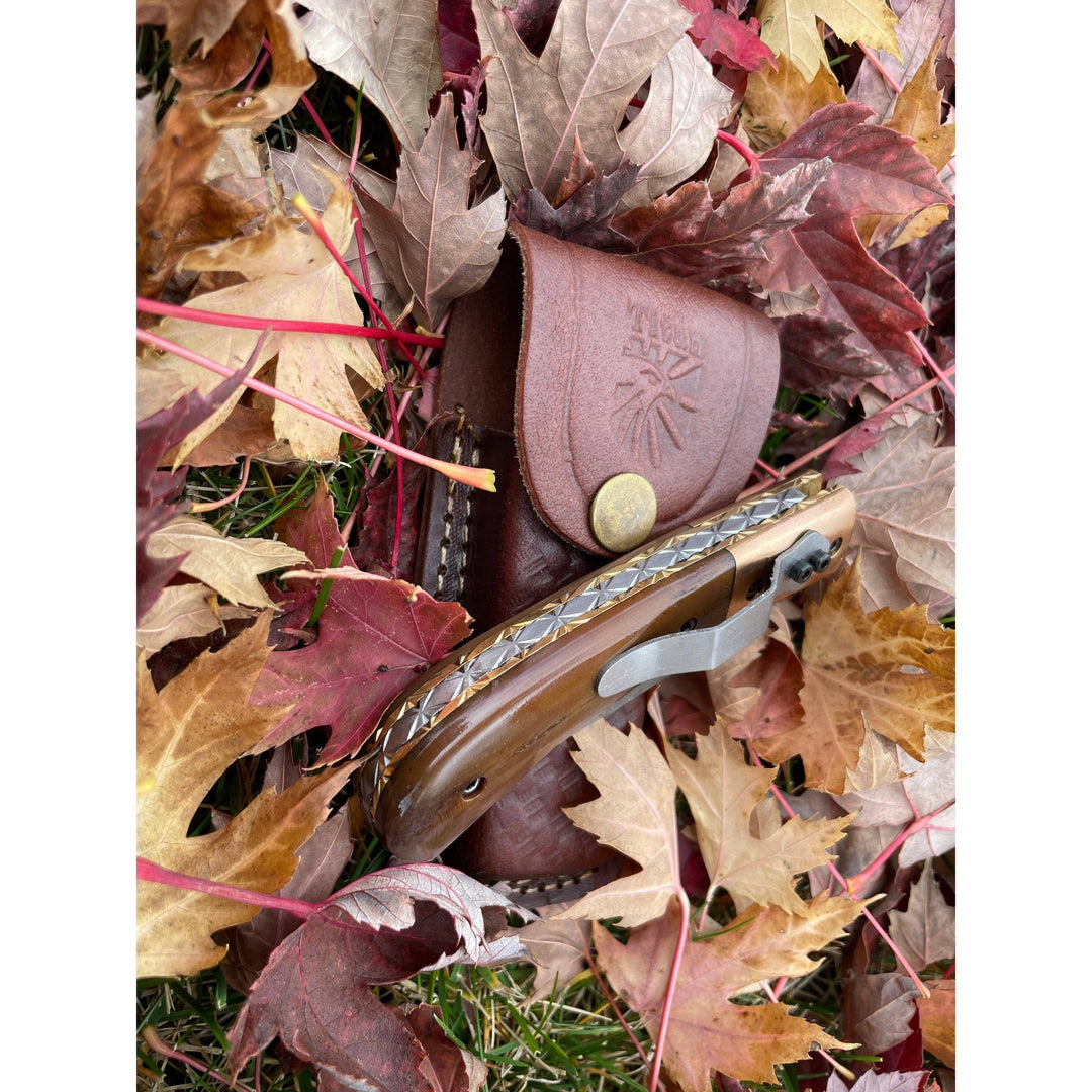 Damascus Steel Tanto Folding Knife with Dyed Bone