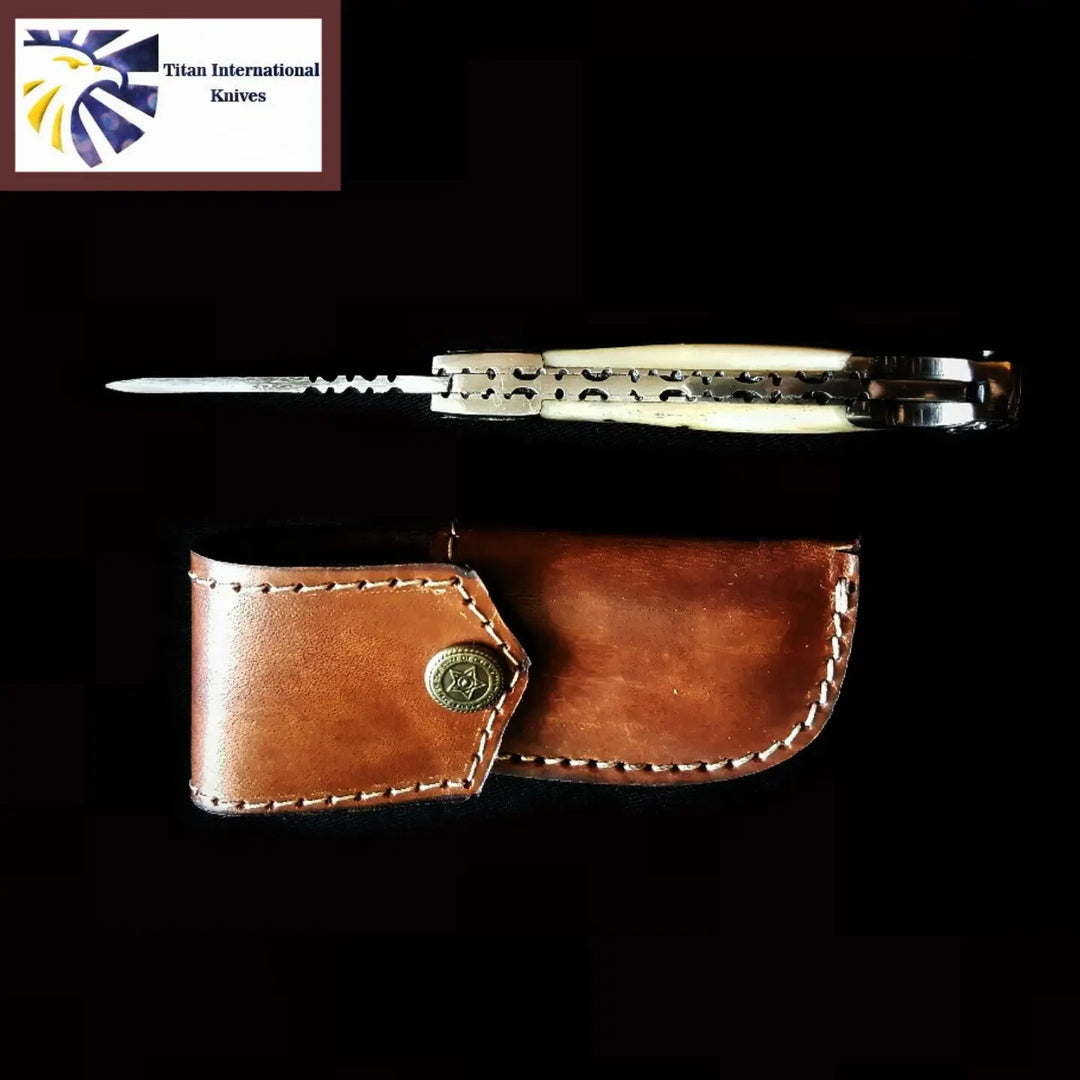 Damascus Steel Folding Knife w/ Camel Bone Handle