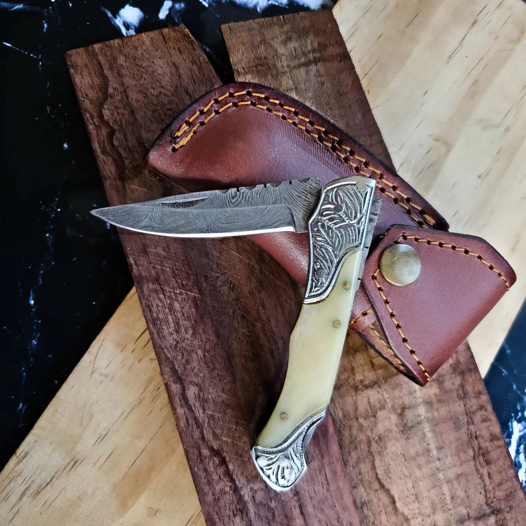Damascus Steel Folding Knife w/ Camel Bone Handle