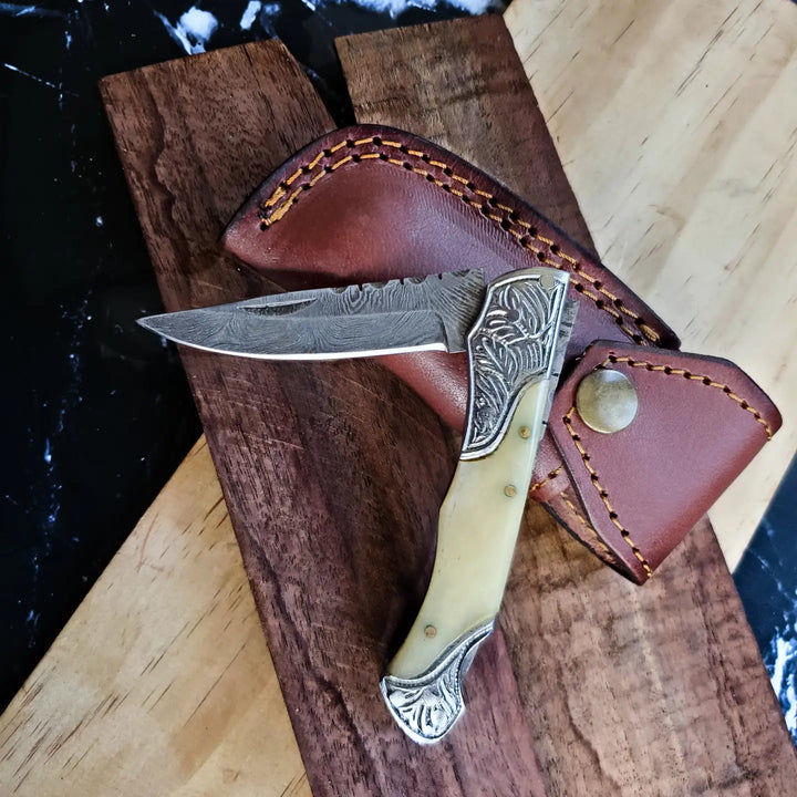 Damascus Steel Folding Knife w/ Camel Bone Handle