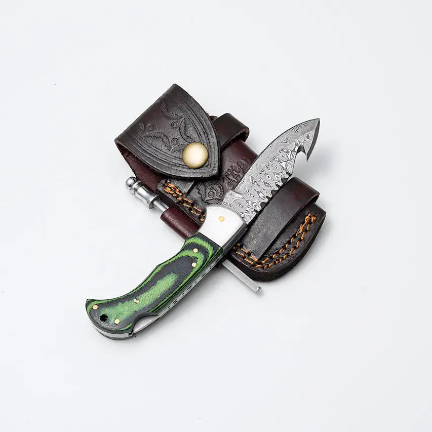 Green Micarta Folding Damascus Gut Hook Hunting Knife