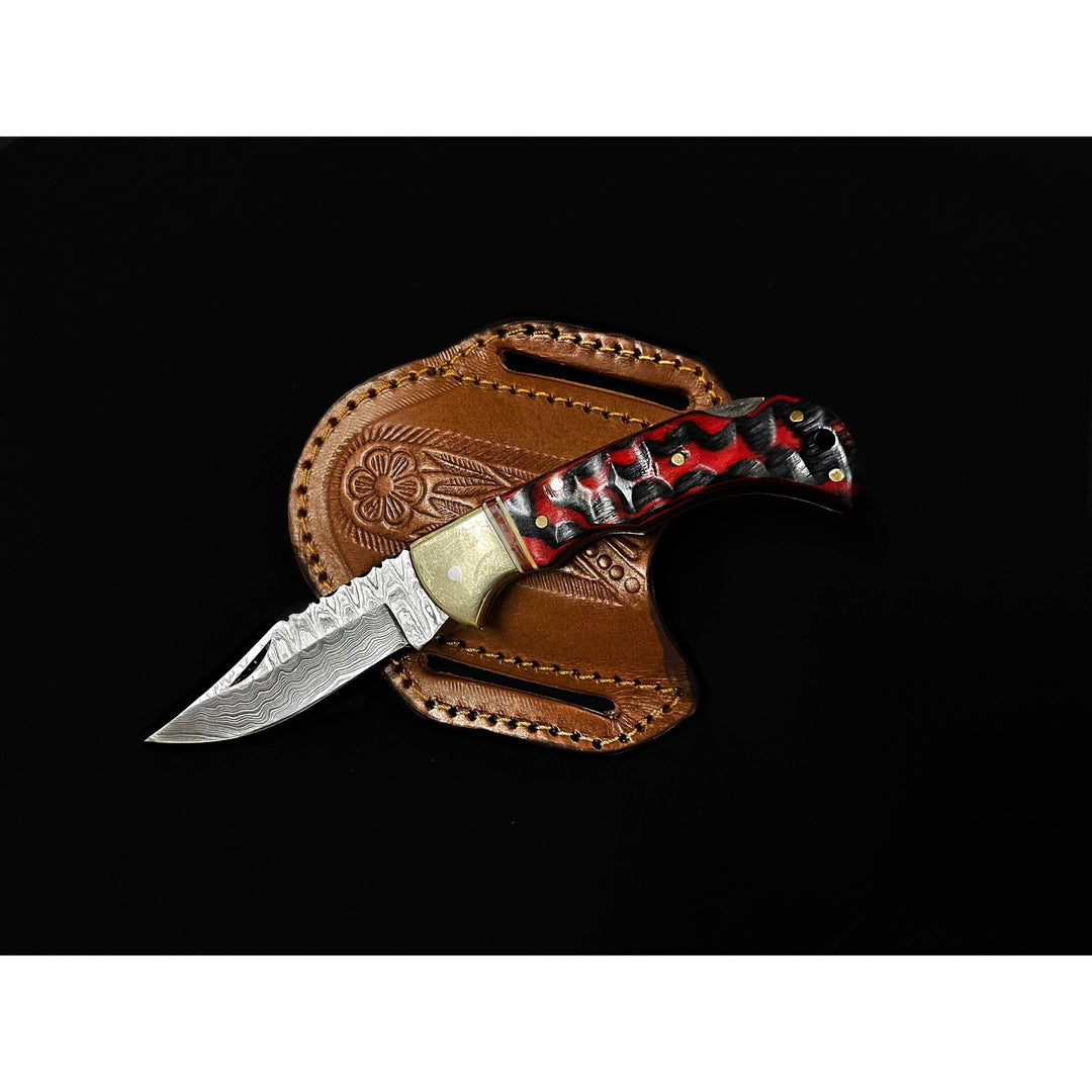 Red Damascus Steel Folding Knife