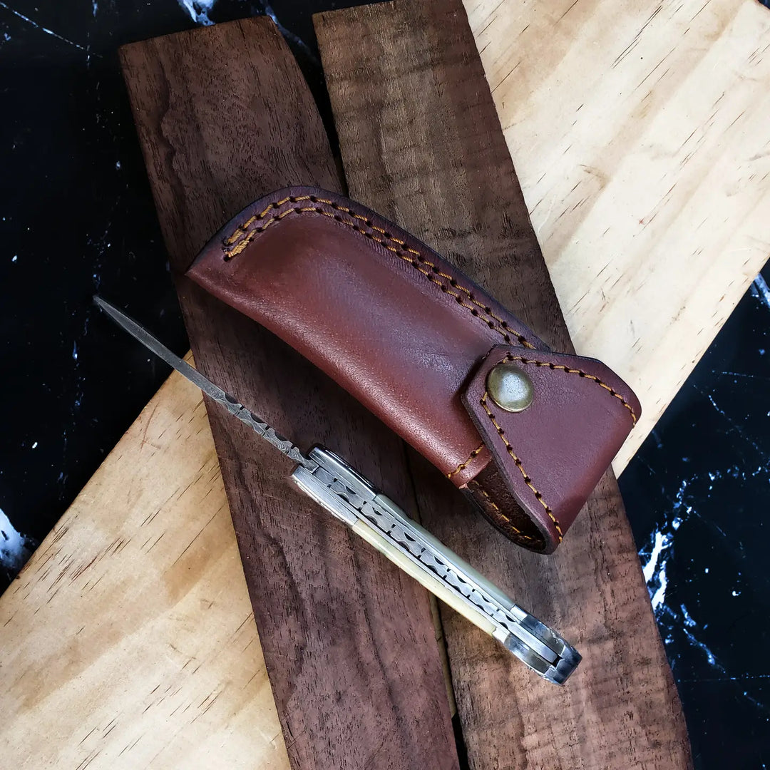 Damascus Steel Folding Knife w/ Camel Bone Handle